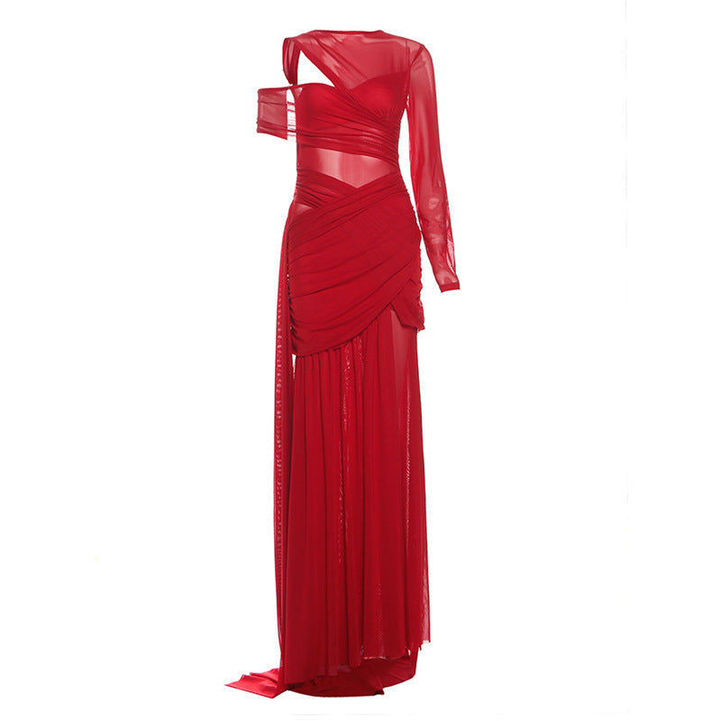 Autumn Sexy Slim Fit See through Irregular Asymmetric Ribbon Solid Color Dress Women
