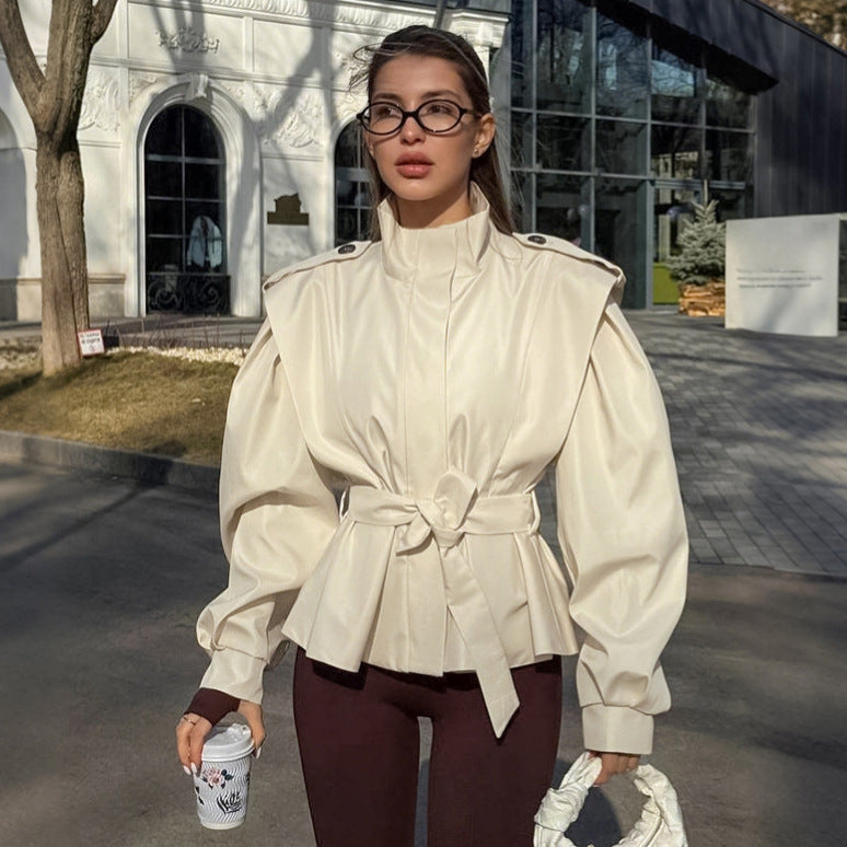 French Minority Autumn Winter Atmosphere Tongqin Trench Coat Coat Women Waist Trimming Lace up Collared Long Sleeve