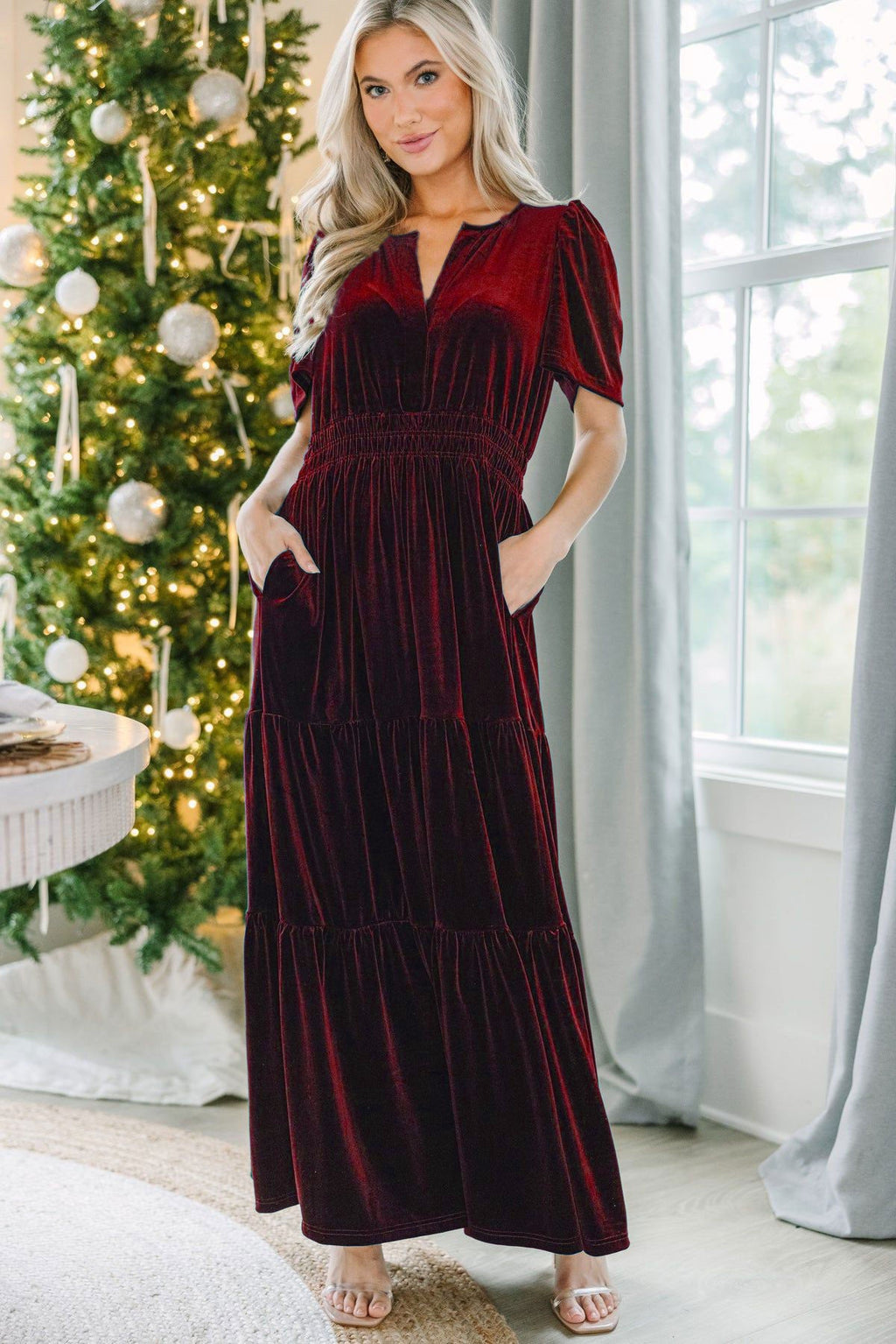 Christmas Velvet Dress for Women Short Sleeve Waist Controlled Pocket Dress Long Large Hem Sexy Dress