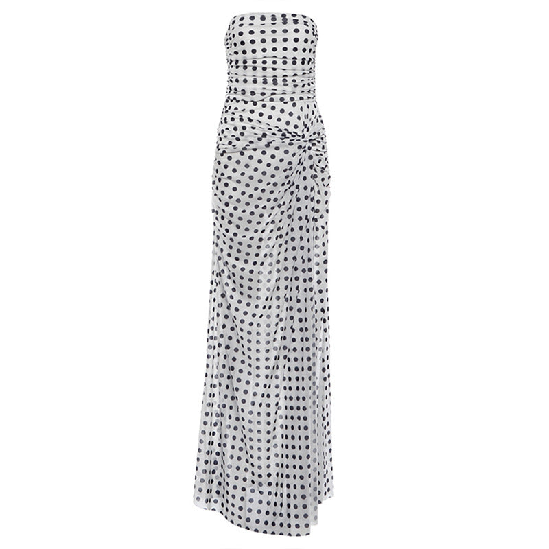 Autumn Winter Women Clothing Sexy Slim Sleeveless Tube Top Backless Slit Polka Dot Dress