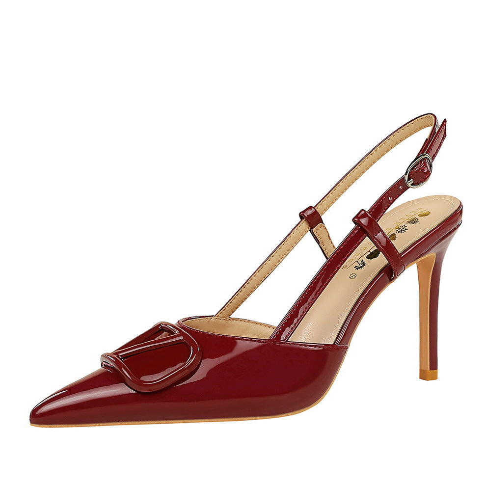 French Sexy V Shaped Square Buckle Pointed High Heels Women Patent Leather Stilettos Hollow Out Cutout Back Strap Women Shoes
