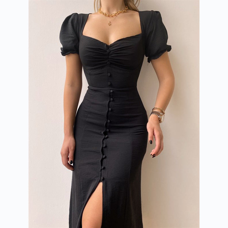 Spring Summer V-neck Single-Breasted Elegant Midi Dress