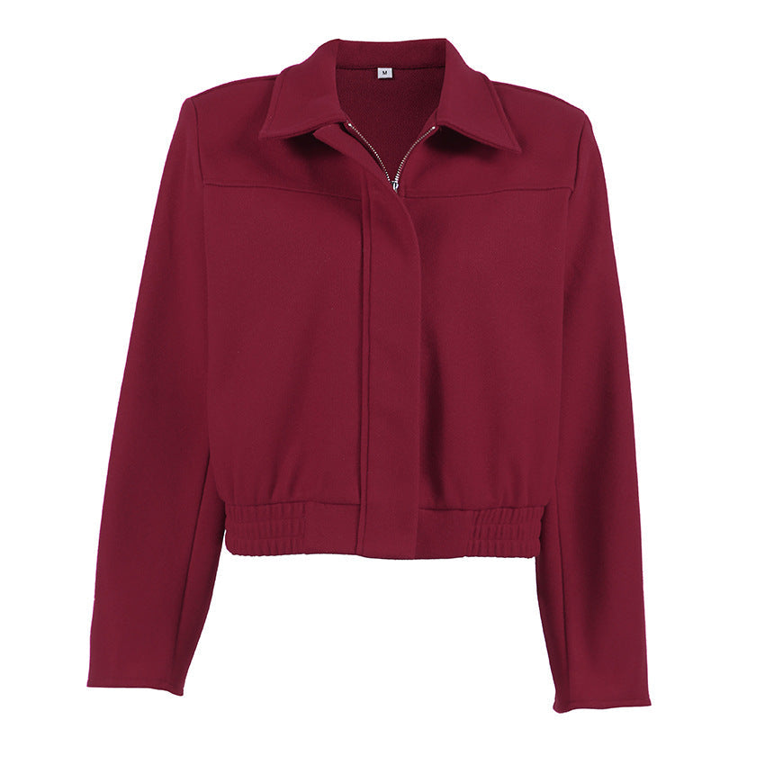 Autumn Elegant Wine Red Collared Cropped Jacket All Matching Loose Zipper Coat