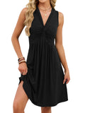 Women Clothing Spring Summer Solid Color Sleeveless V neck Knotted Mid Length Dress Women