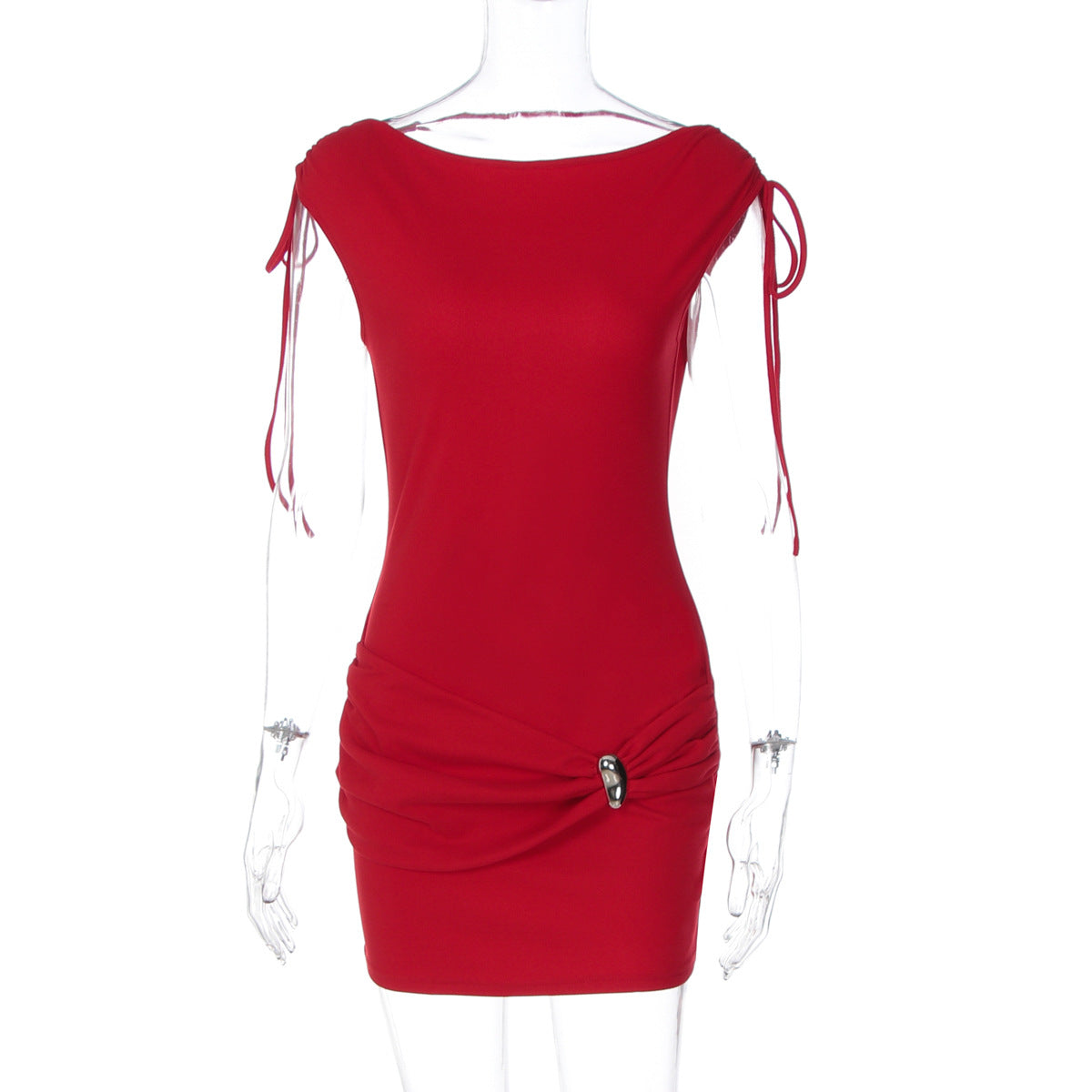 Women Autumn Solid Color round Neck Sleeveless Pleating Bare Back Skinny Sheath Dress
