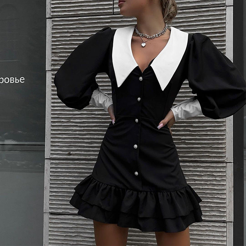 Spring Autumn Women Color Stitching Turnover Neck Socialite Sheath Dress