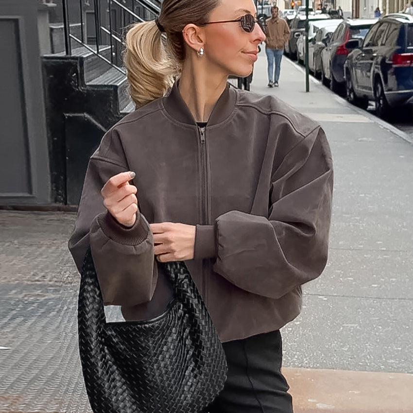 Autumn Winter Retro Gray Suede Knitted V neck Long Sleeve Baggy Coat Casual Commuting Jacket Outer