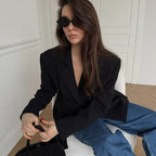 Autumn Winter Retro Black Elegant Slim Blazer Casual Tailored Collar Thin Top