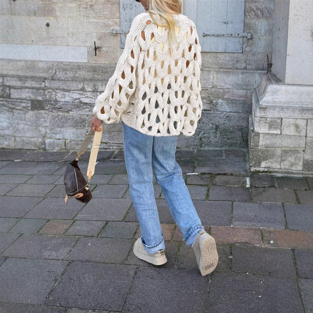 Women asual Solid Color Casual Vacation Beach Hollow Out Cutout-out Hook Floral Long Sleeve Sweater Pullover
