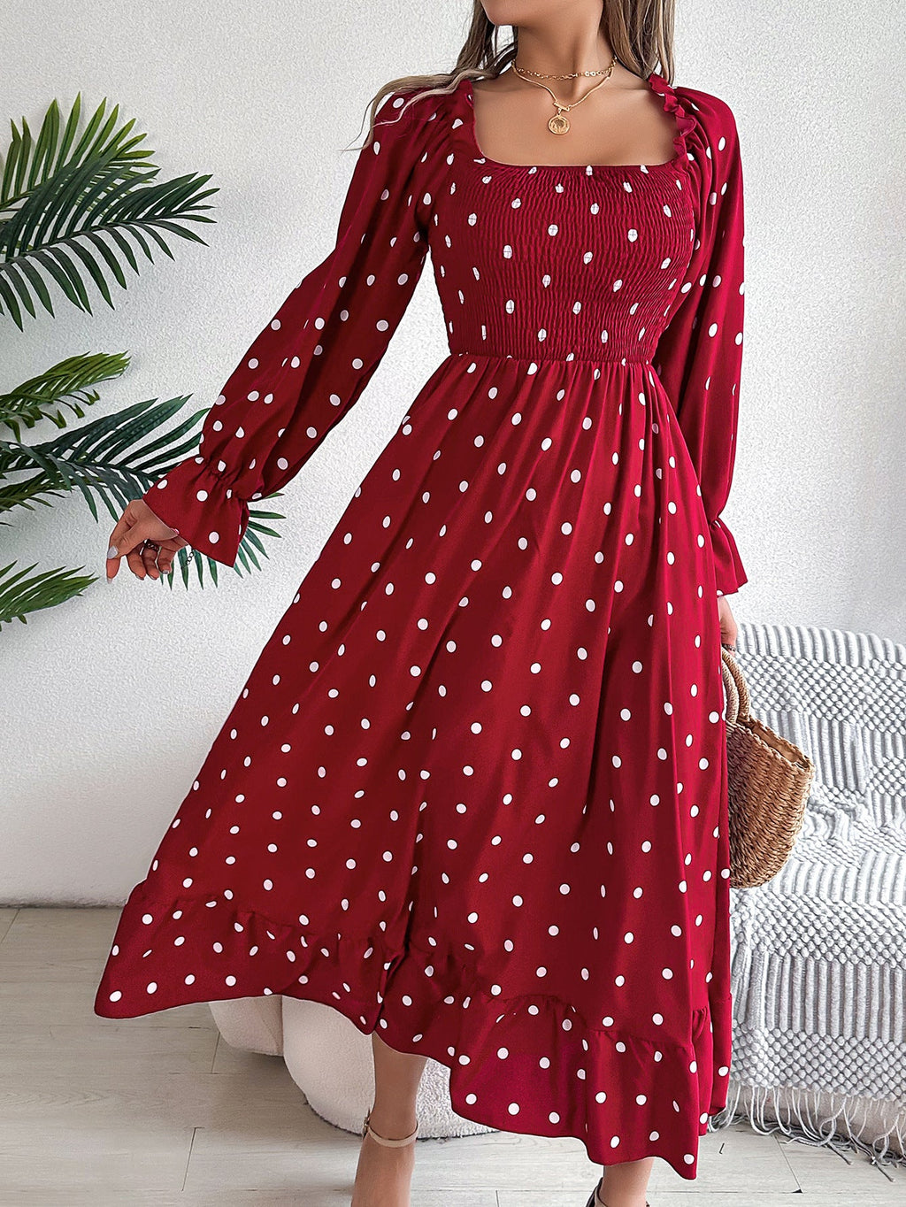 Real Shot Autumn Winter Casual Wooden Ear Square Collar Polka Dot Large Swing Dress Women