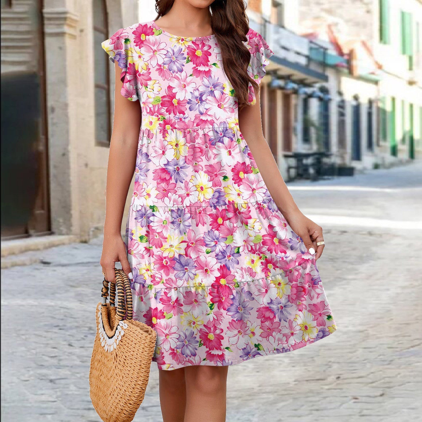 Women Popular Knitted Printed Cake Flying Sleeve Casual Dress