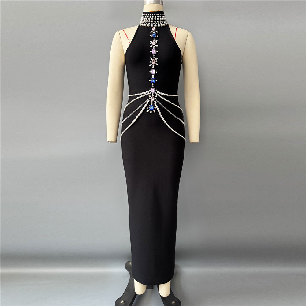 Pearl Chain Diamond Sexy Halter Elegant Socialite Bandage One Piece Dress Party Dress