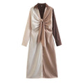 Women Chest Tie Collared Long Sleeve Color Matching Slim Dress