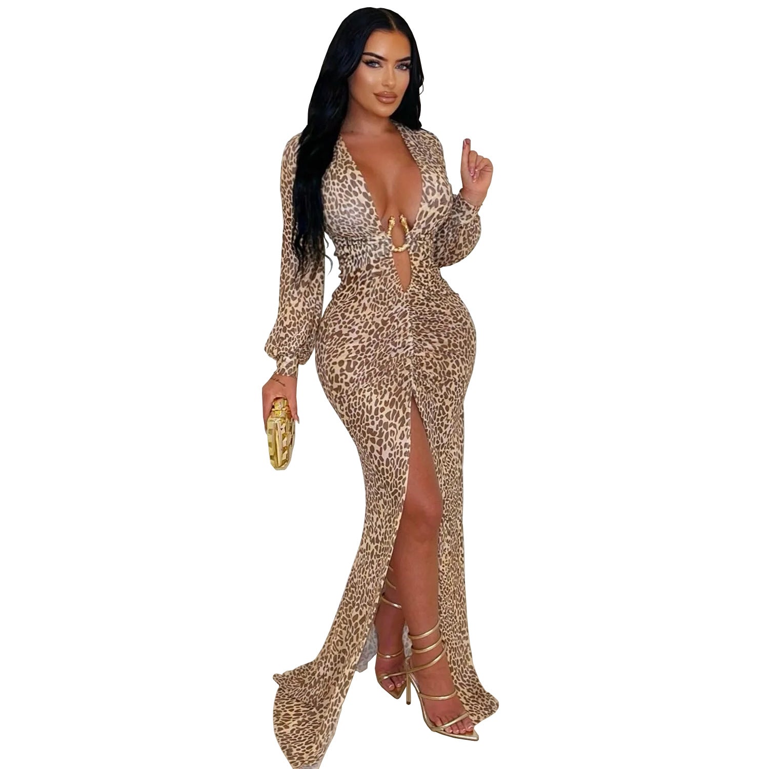 Women Wear Sexy Deep V Plunge Leopard Print Split Arm Covering Dress
