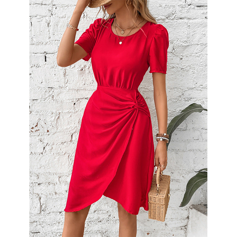 Solid Color Dress Women Summer Office Round Neck Midi Dress
