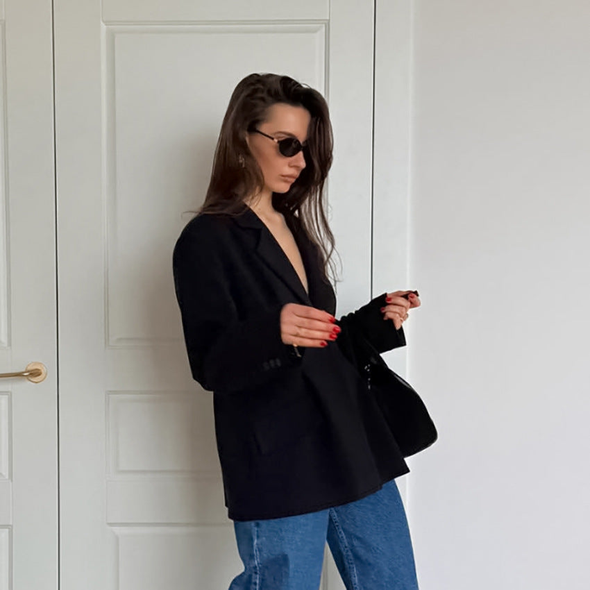 Autumn Winter Retro Black Elegant Slim Blazer Casual Tailored Collar Thin Top