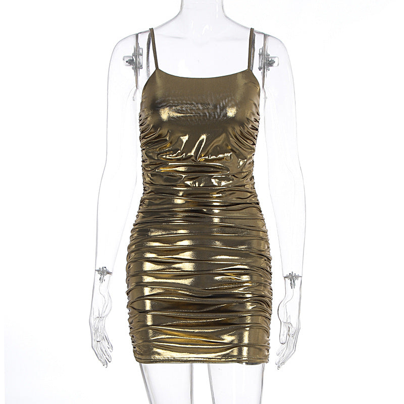 Summer Women Sexy Electronic Music Festival Glossy Bronzing Sling Sheath Dress