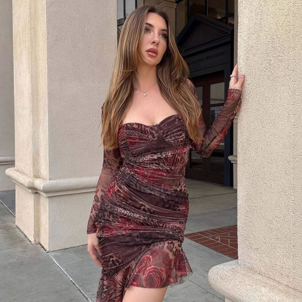 Women Clothing Summer Slim Fit Sexy Mesh Floral Print Strap Sheath Dress