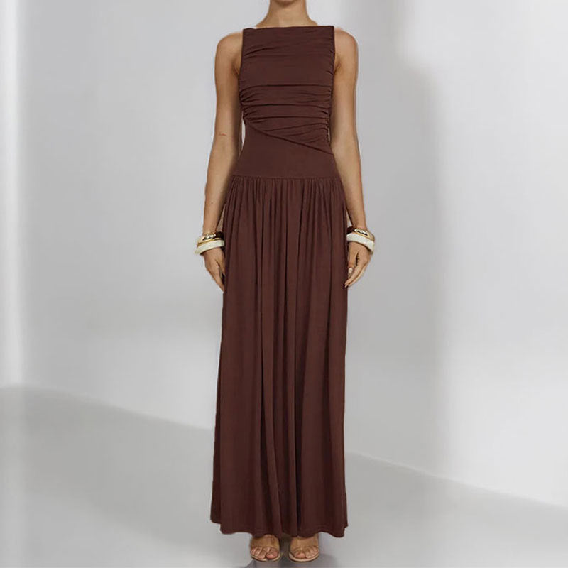 Summer Pleated Sleeveless Solid Color Waist Tight Sexy Maxi Dress