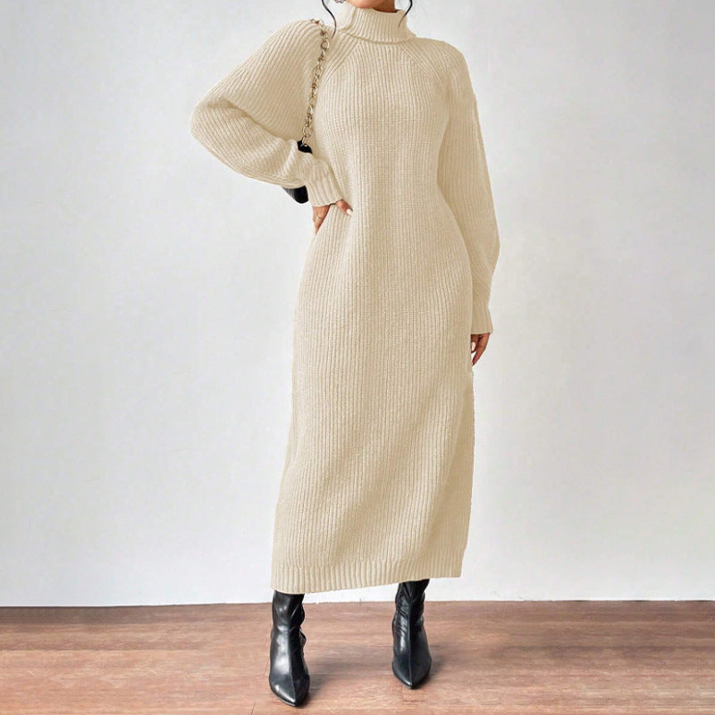 Women Clothing Woolen Pullover High Collar Long Sleeve Knitted Dress Solid Color Long Inner Wear Dress