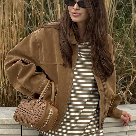Autumn Winter Retro British Leather Coat Women Loose Zip Suede Fabric Jacket