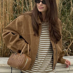 Autumn Winter Retro British Leather Coat Women Loose Zip Suede Fabric Jacket