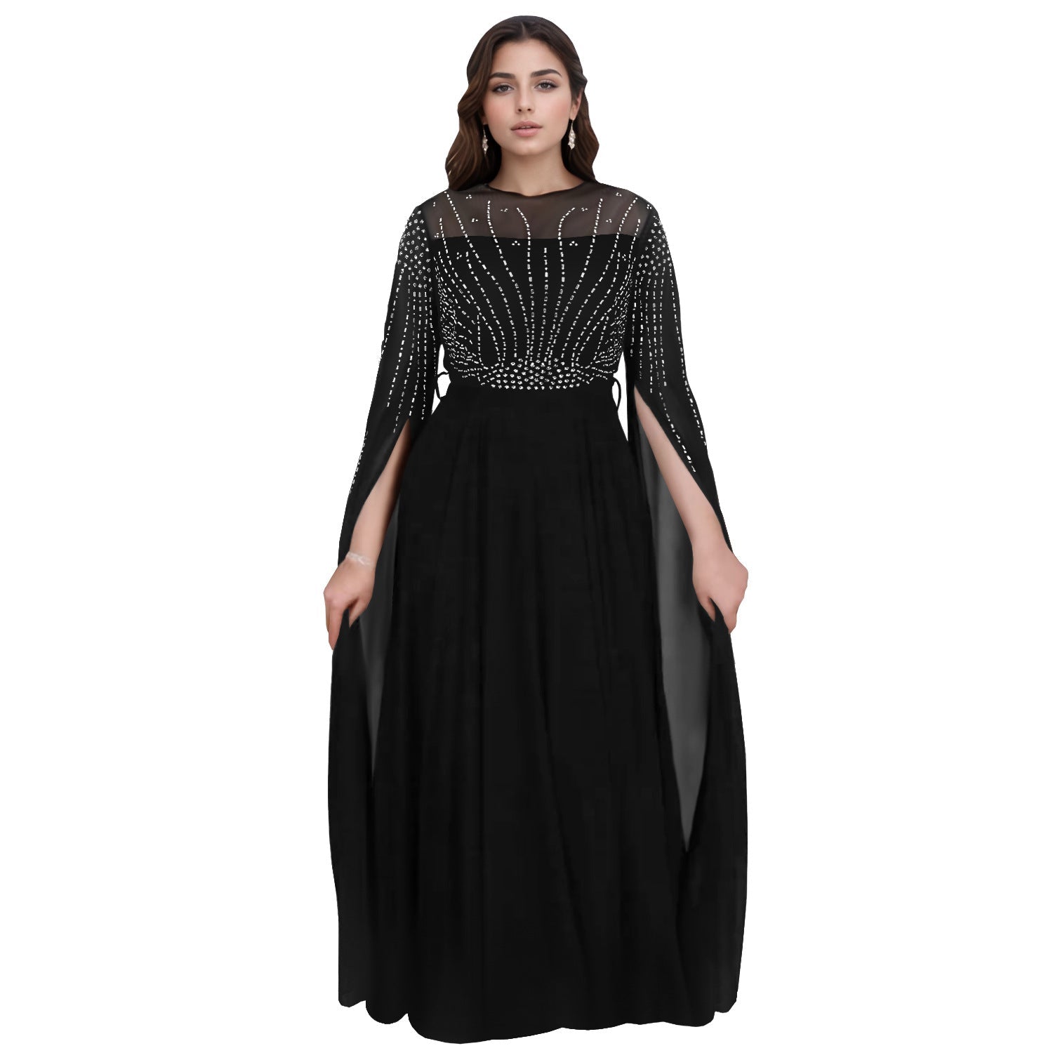 Women Wear Elegant Middle East Fix Rhinestone See through Dress