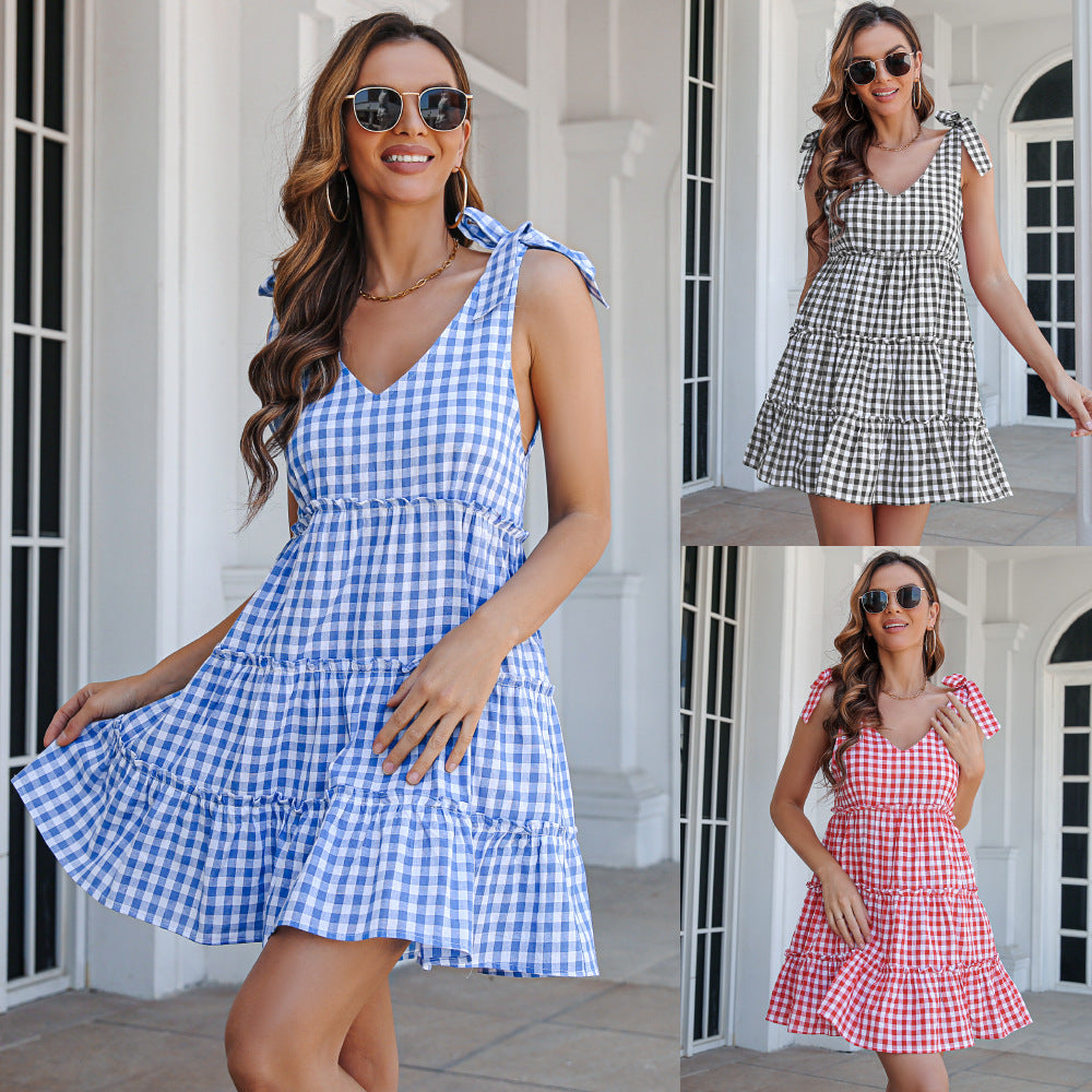 Women Spring Summer Casual Plaid Drawstring V-neck Ruffled Large Swing Dress Tiered Dress