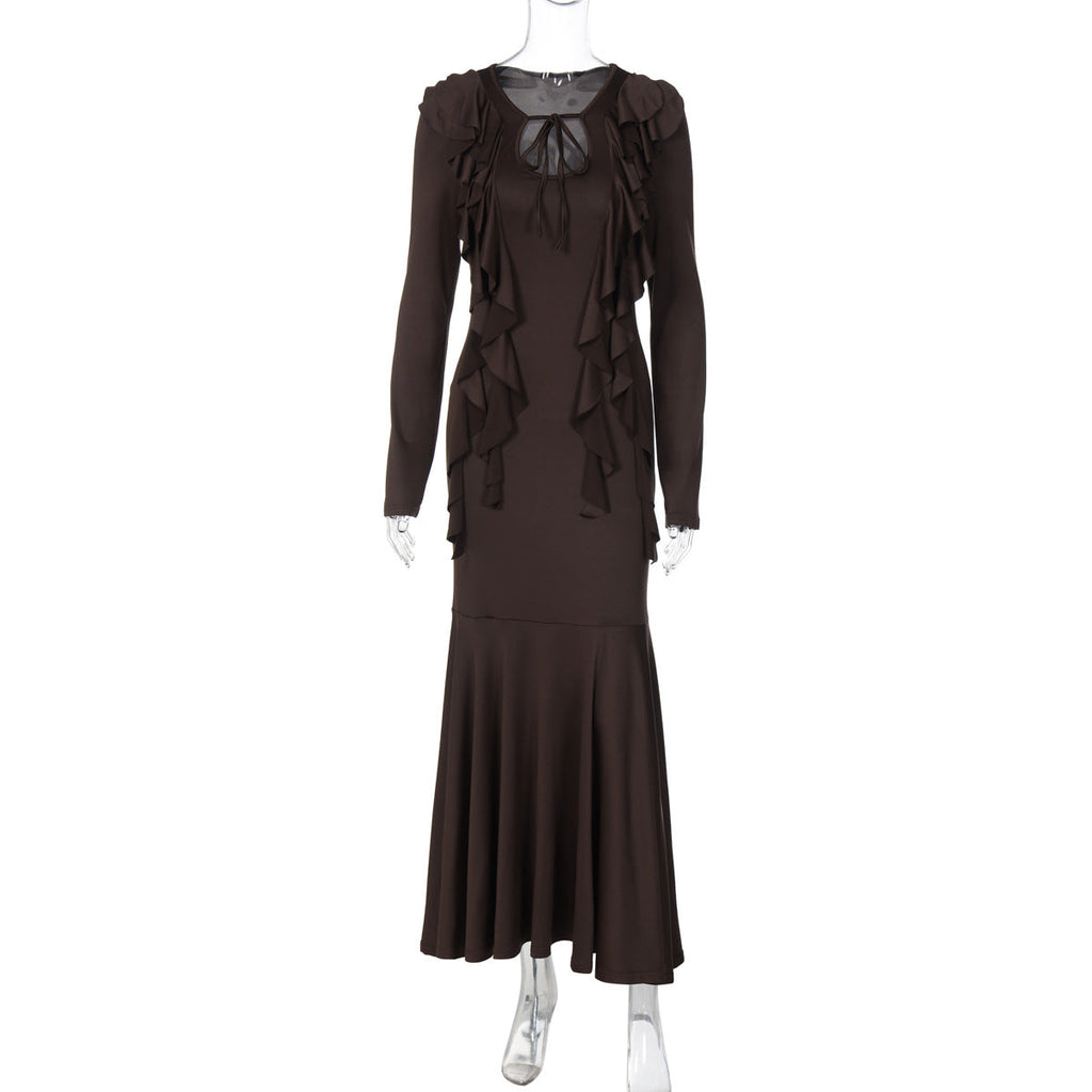 Women Clothing Autumn Ruffles Lace up Long Sleeve Waist Dress