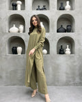 Women Clothing Multi Button Long Sleeve Split Stand Collar Shirt Casual Straight Pants Two Piece Set