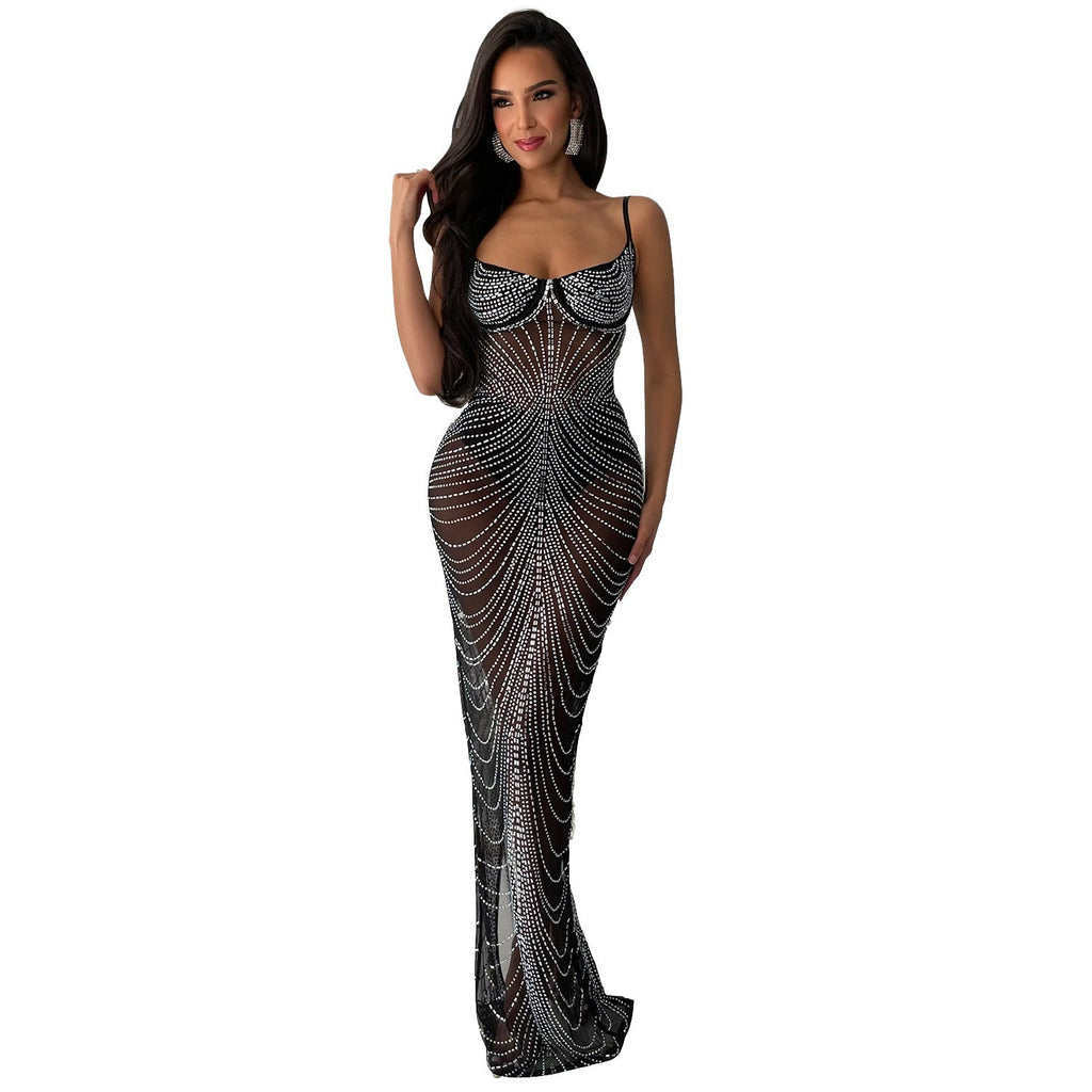 Women Wear Solid Color Mesh Drilling Sling Maxi Dress