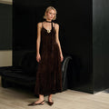 Retro Brown Lace up with Corsage Decoration Velvet Pleated Sexy Cami Dress