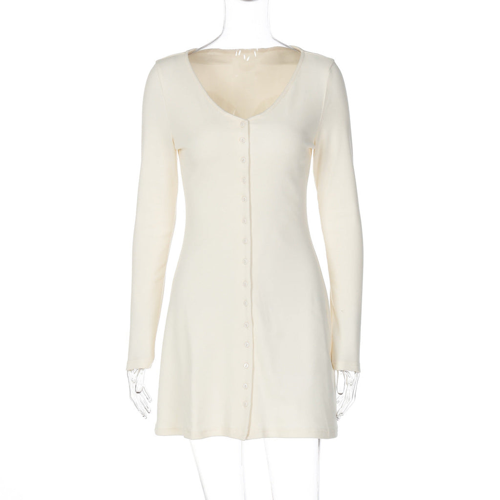 Fall Women Clothing Solid Color Basic Long Sleeve V neck Single Breasted Waist Slimming Dress