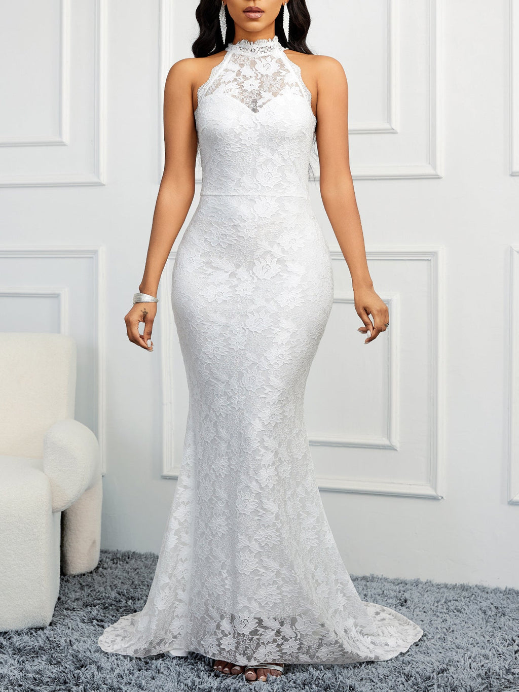 Spring Backless Solid Color Trailing Elegant Slim Party Women Evening Dress