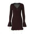 Women Clothing Autumn Solid Color Sexy V neck Bell Sleeve Waist Slimming Dress