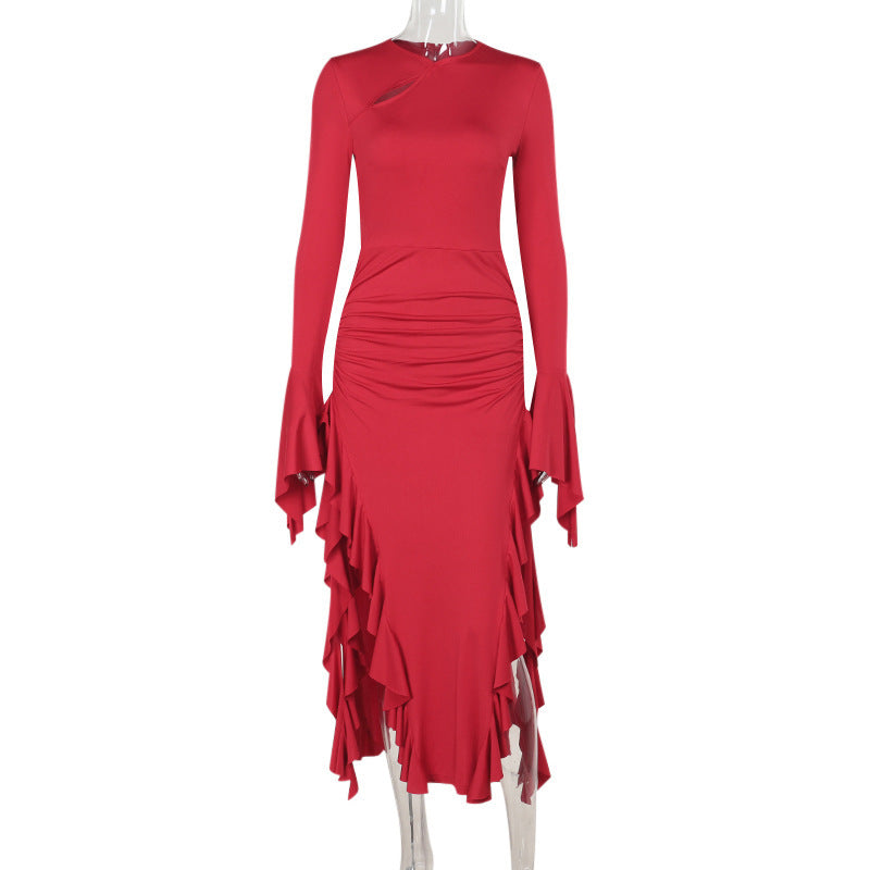 Autumn Socialite Slim Fit Ruffled Split Long Sleeve Sexy Dress