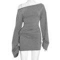 Women Autumn Winter Casual Solid Color Shoulder Long Sleeve Narrow Short Dress