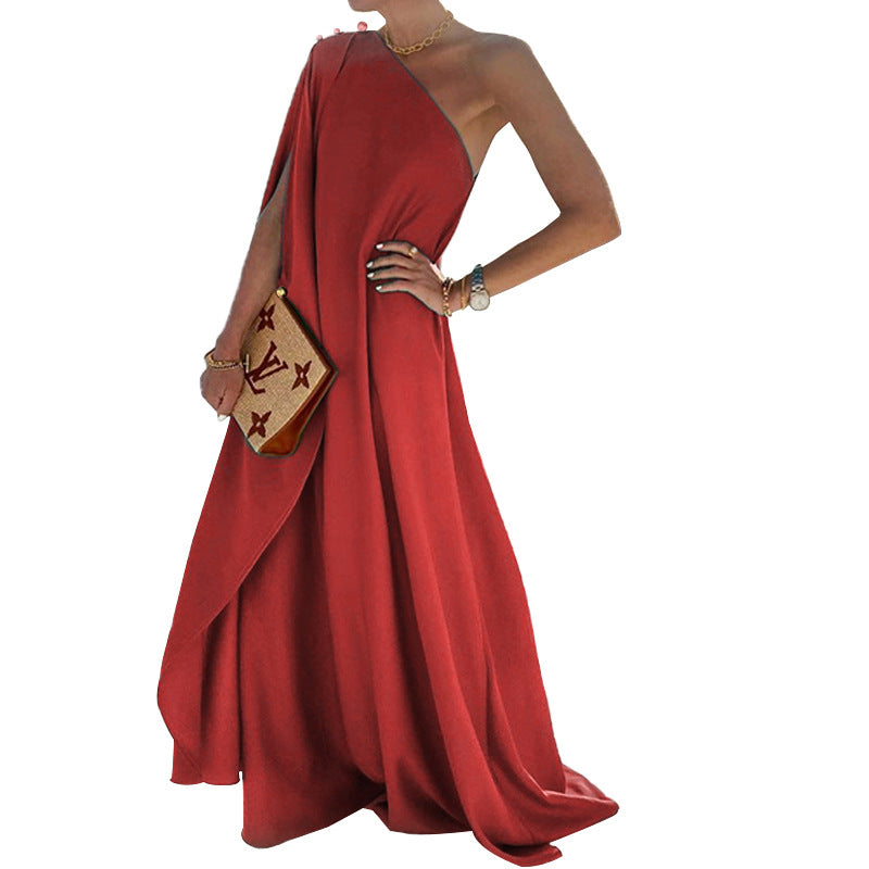 Summer Women Clothing Graceful Fashionable Solid Color French Loose One-Shoulder Maxi Dress