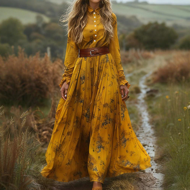 Spring Autumn Retro Lapels Women Long Sleeve Printing Mid Length Dress