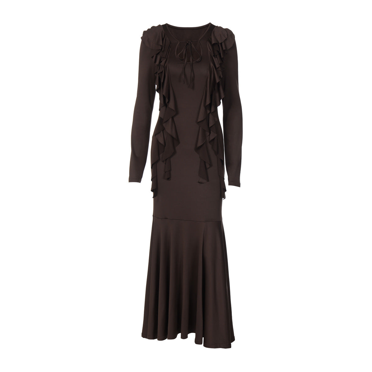 Women Clothing Autumn Ruffles Lace up Long Sleeve Waist Dress