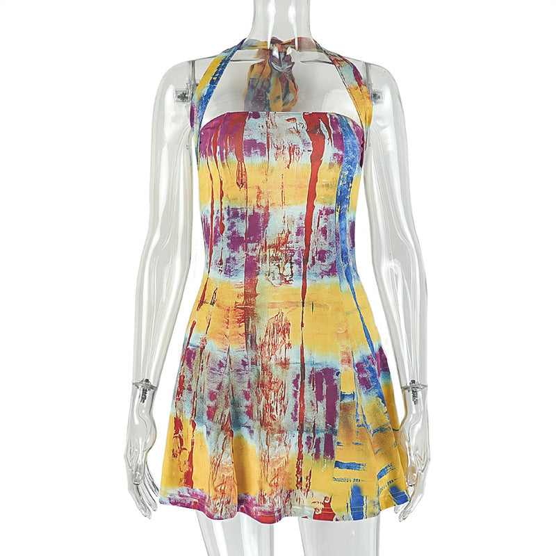 Color Matching Women Printed Wear Tight Waist Slimming A line Dress Street Hanging Collar Short Sleeveless Dress Tide