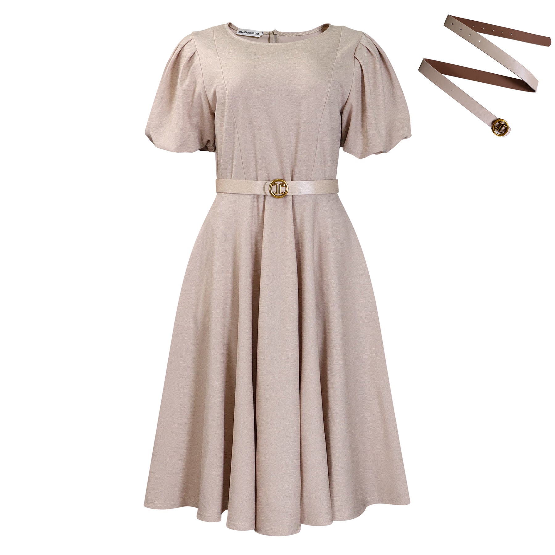 Women Clothing Round Neck Elegant Waist Controlled Large Hem Puff Sleeve A Line Dress