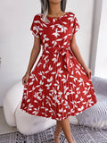 Spring Summer Casual Leaves Short Sleeve Large Swing Pleated Dress Women Clothing