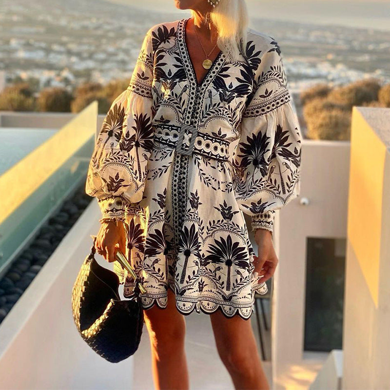 Women Clothing Autumn Ladies Printed Beach Loose Short Dress