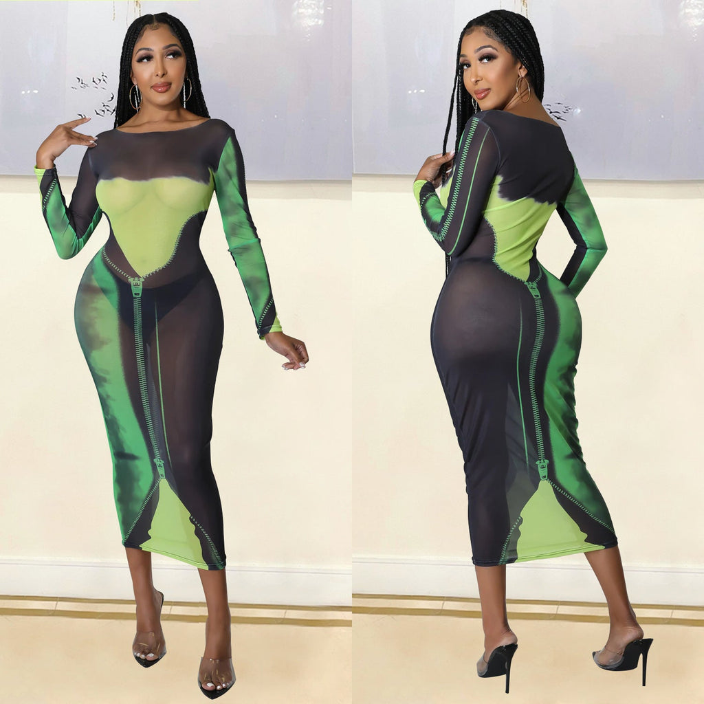 Summer Women Clothing Sexy Mesh Floral Print Long Sleeve Mid-Length Women Dress