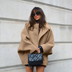 Autumn High Grade Brown Woolen Collared Batwing Sleeve Cardigan Coat Simple Office Women Clothing