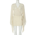 Mesh Mini Slim Dress Women V neck Long Sleeved Bubble Sleeve Sexy Backless Loose Dress