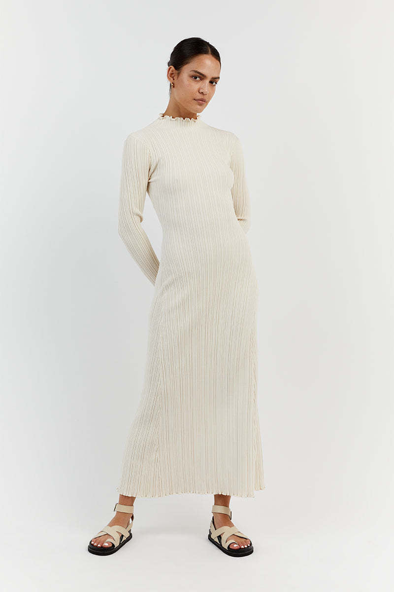 Autumn Winter Knitting Stringy Selvedge Dress Waist Tight Turtleneck Messy Sunken Stripe Core Spun Yarn Slimming Knitted Maxi Dress Women