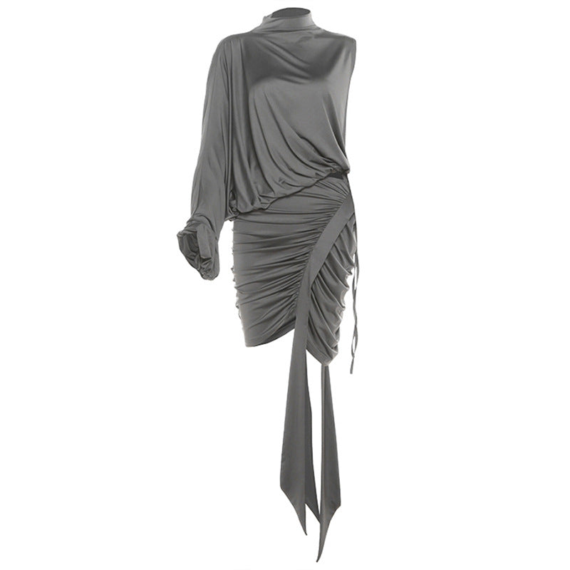 Fall Women Clothing French Half Turtleneck One Shoulder Sleeve Top Hip Pleated Irregular Asymmetric