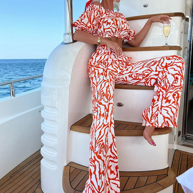 Spring Summer Women Wear off Shoulder Short Sleeved Top Bottom Printing Two Piece Set